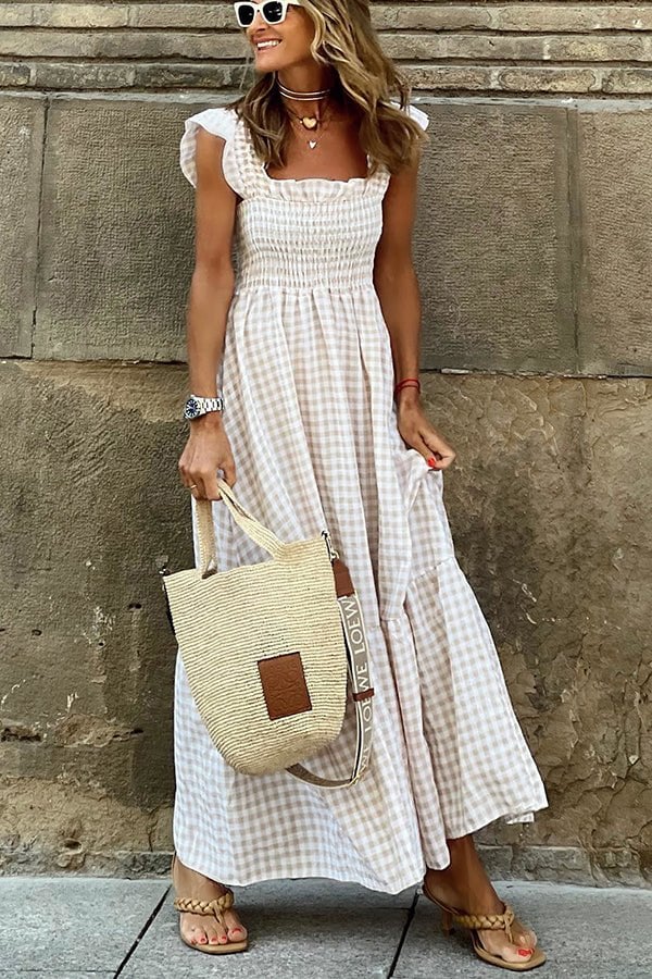 Women's Elegant Printed Long Dress with Classic Plaid Design - BritishElegance