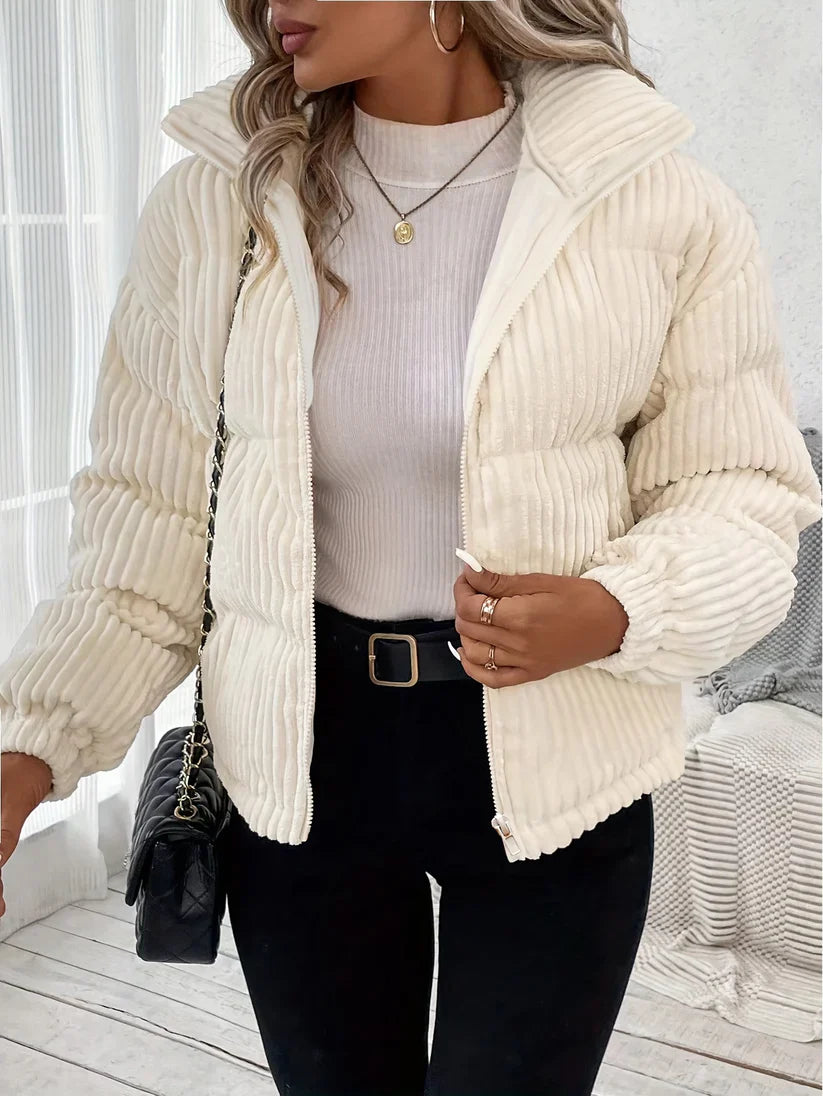 Cozy Puffer Coat For Women Beige Short Parka - BritishElegance