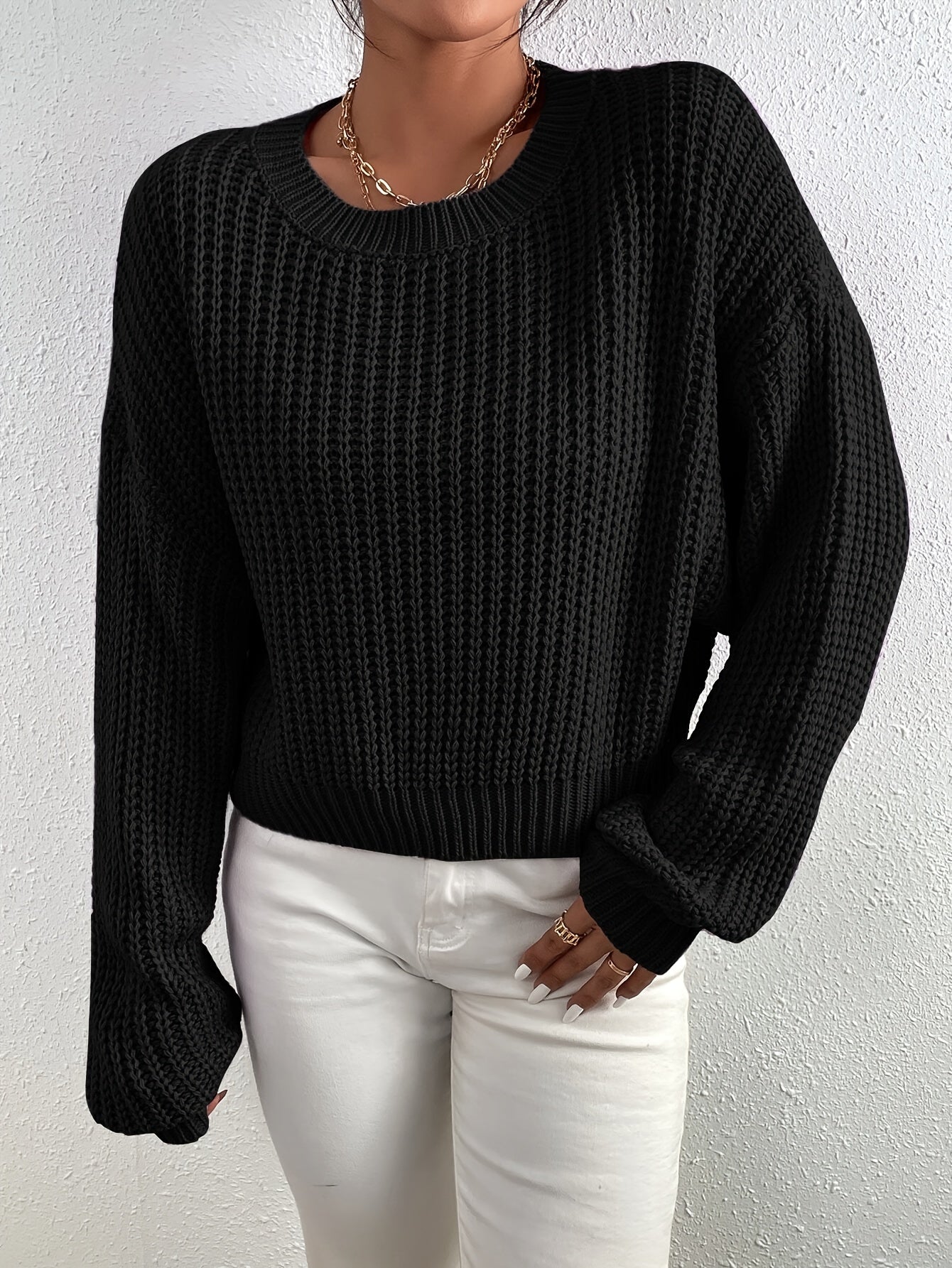 Classic Crew Neck Ribbed Knit Sweater for Women