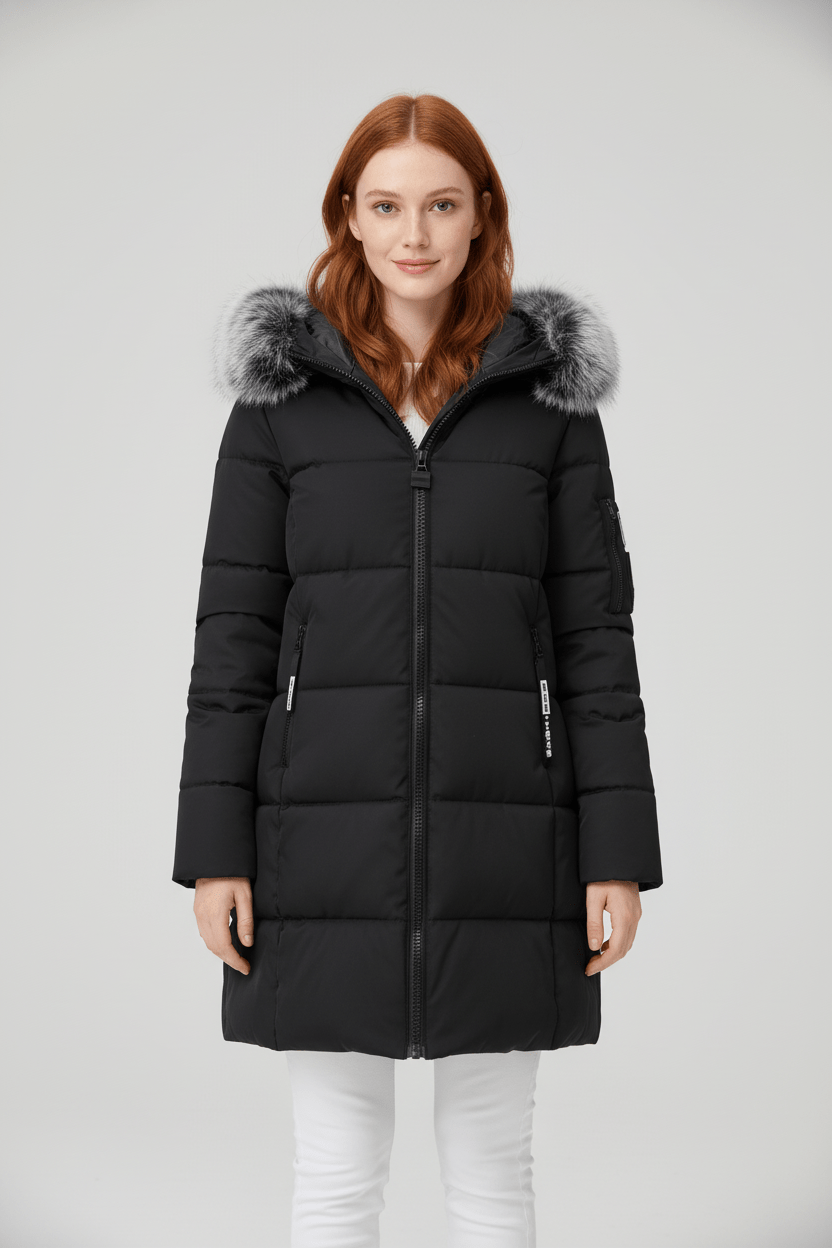 Warm Women's Padded Down Parka Coat with Faux Fur Hood