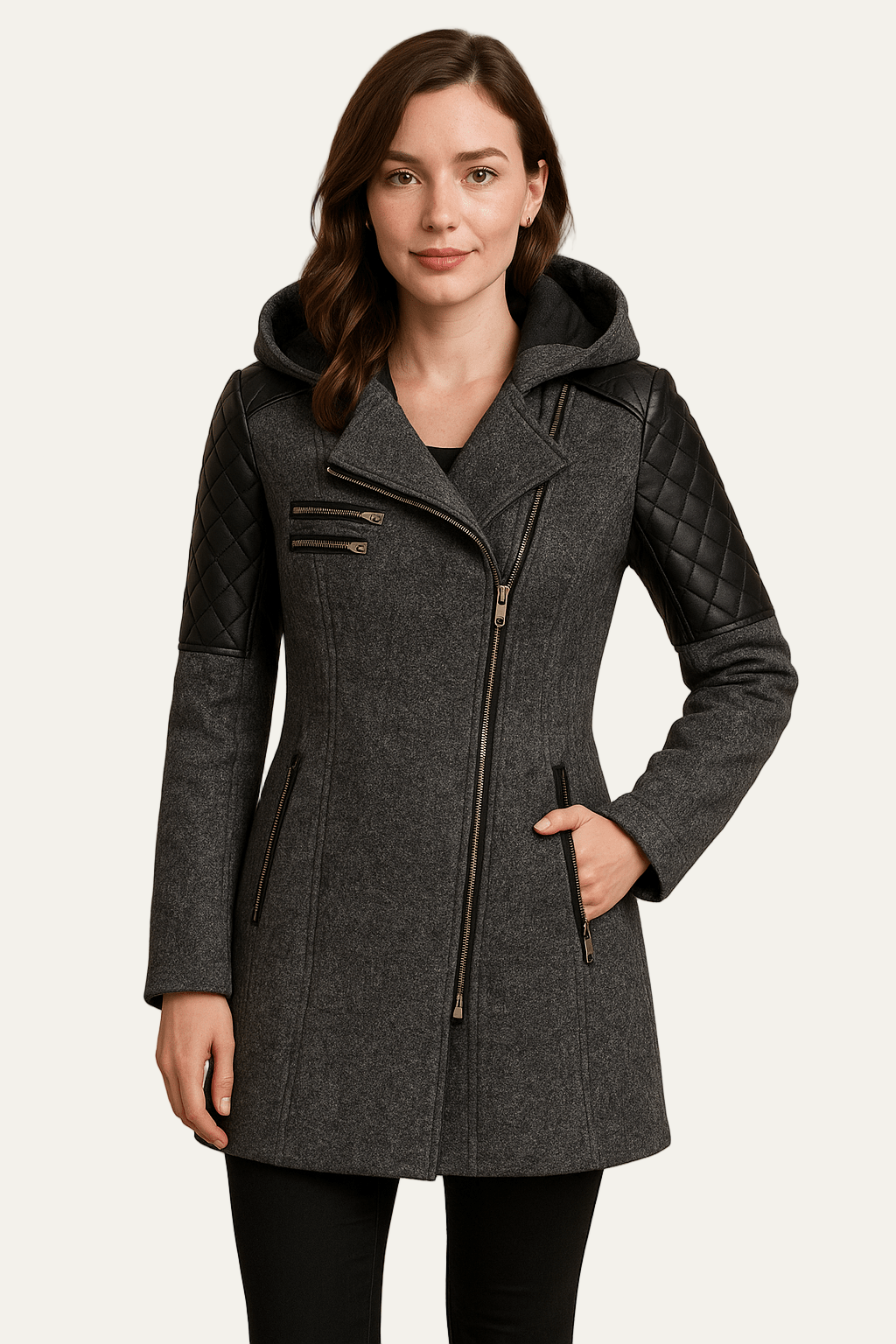 Women’s Wool Blend Moto Coat with Quilted Sleeves