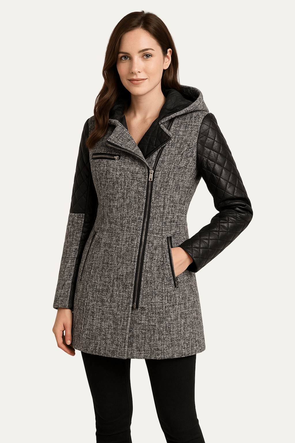 Women’s Wool Blend Moto Coat with Quilted Sleeves