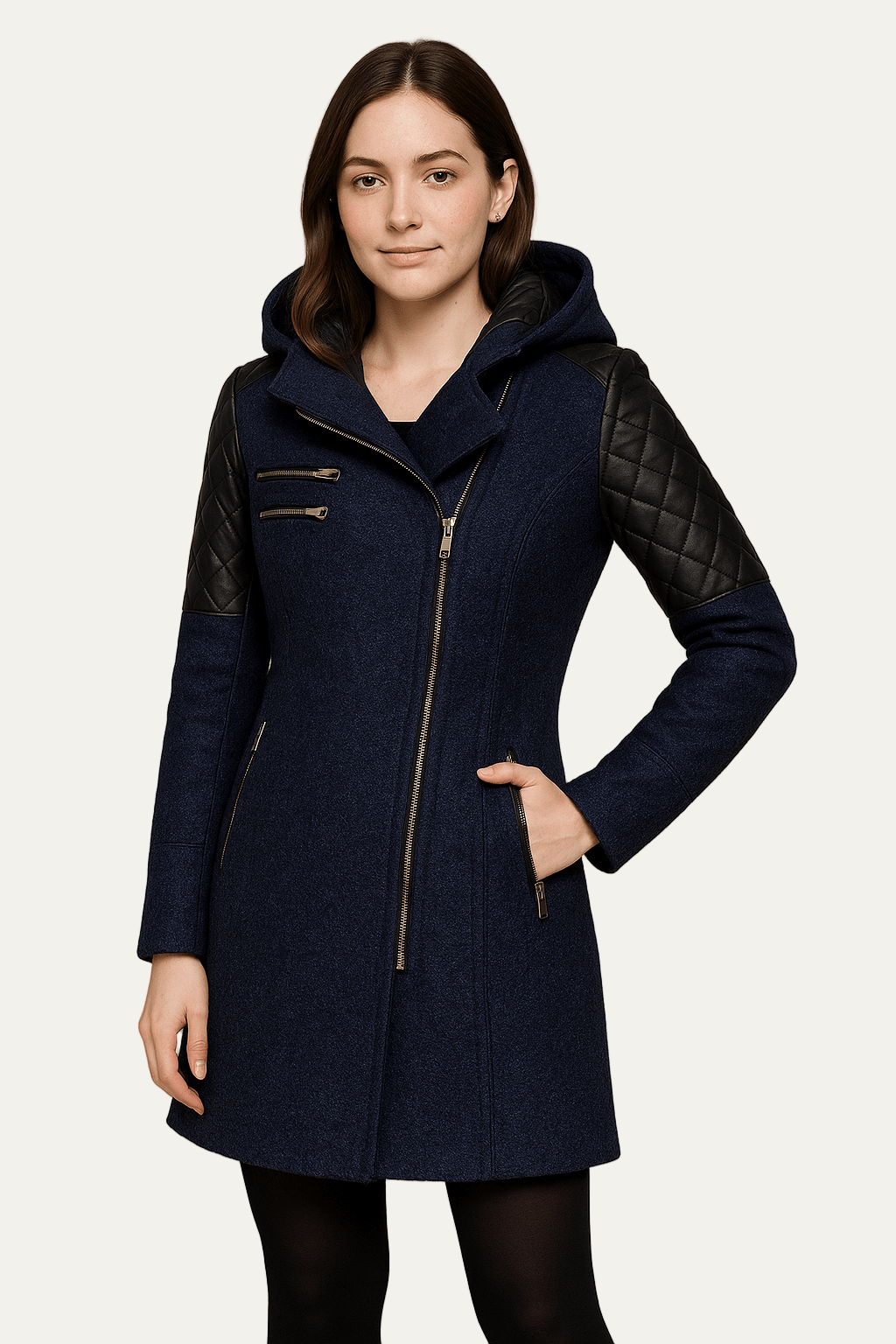 Women’s Wool Blend Moto Coat with Quilted Sleeves