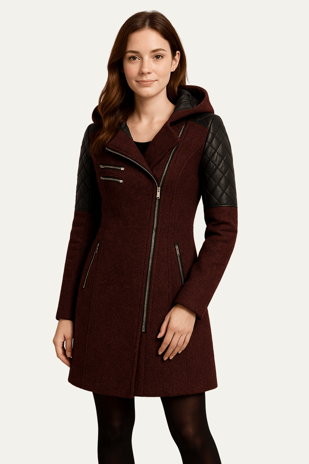 Women’s Wool Blend Moto Coat with Quilted Sleeves