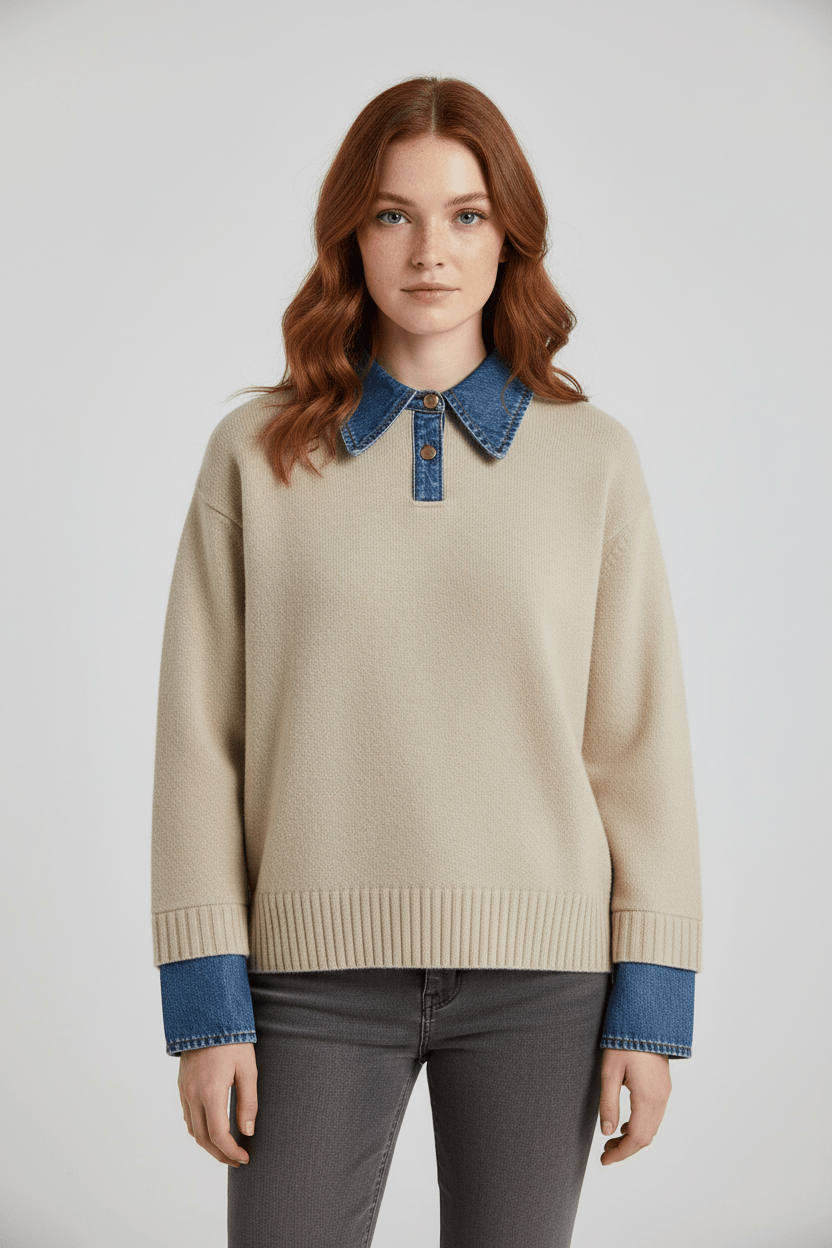 Casual Fit Sweater with Jean Neckline and Trim