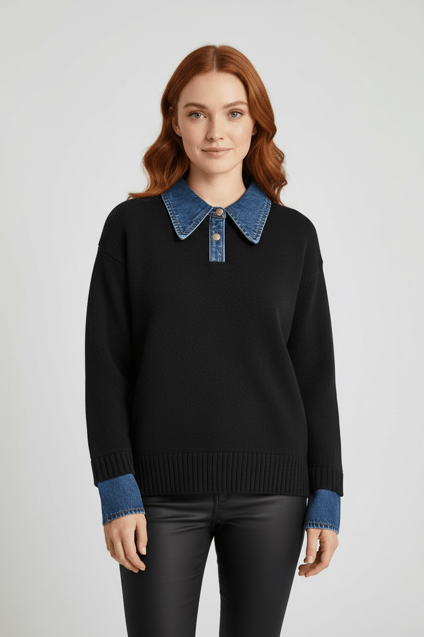 Casual Fit Sweater with Jean Neckline and Trim