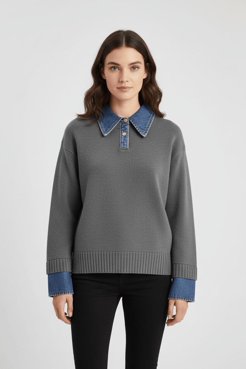 Casual Fit Sweater with Jean Neckline and Trim - BritishElegance