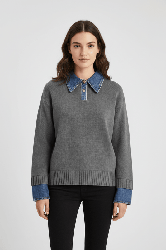 Casual Fit Sweater with Jean Neckline and Trim - BritishElegance