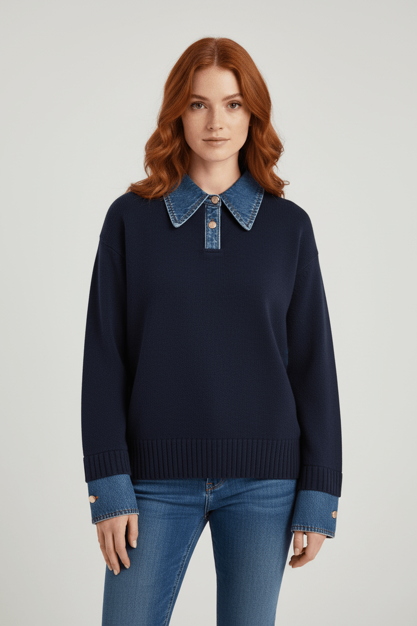 Casual Fit Sweater with Jean Neckline and Trim