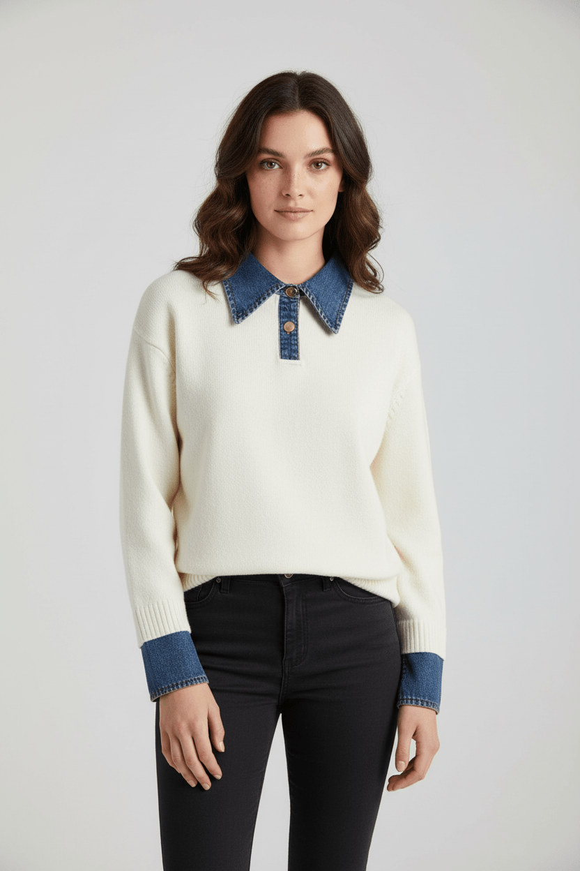 Casual Fit Sweater with Jean Neckline and Trim