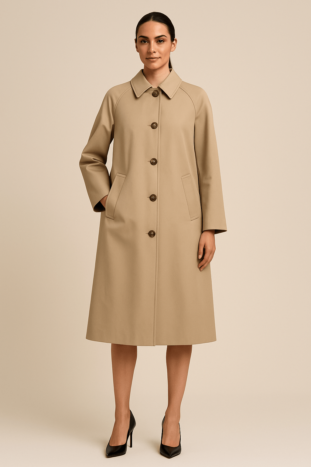 Monica – Long Trench Coat with Checked Inner Lining