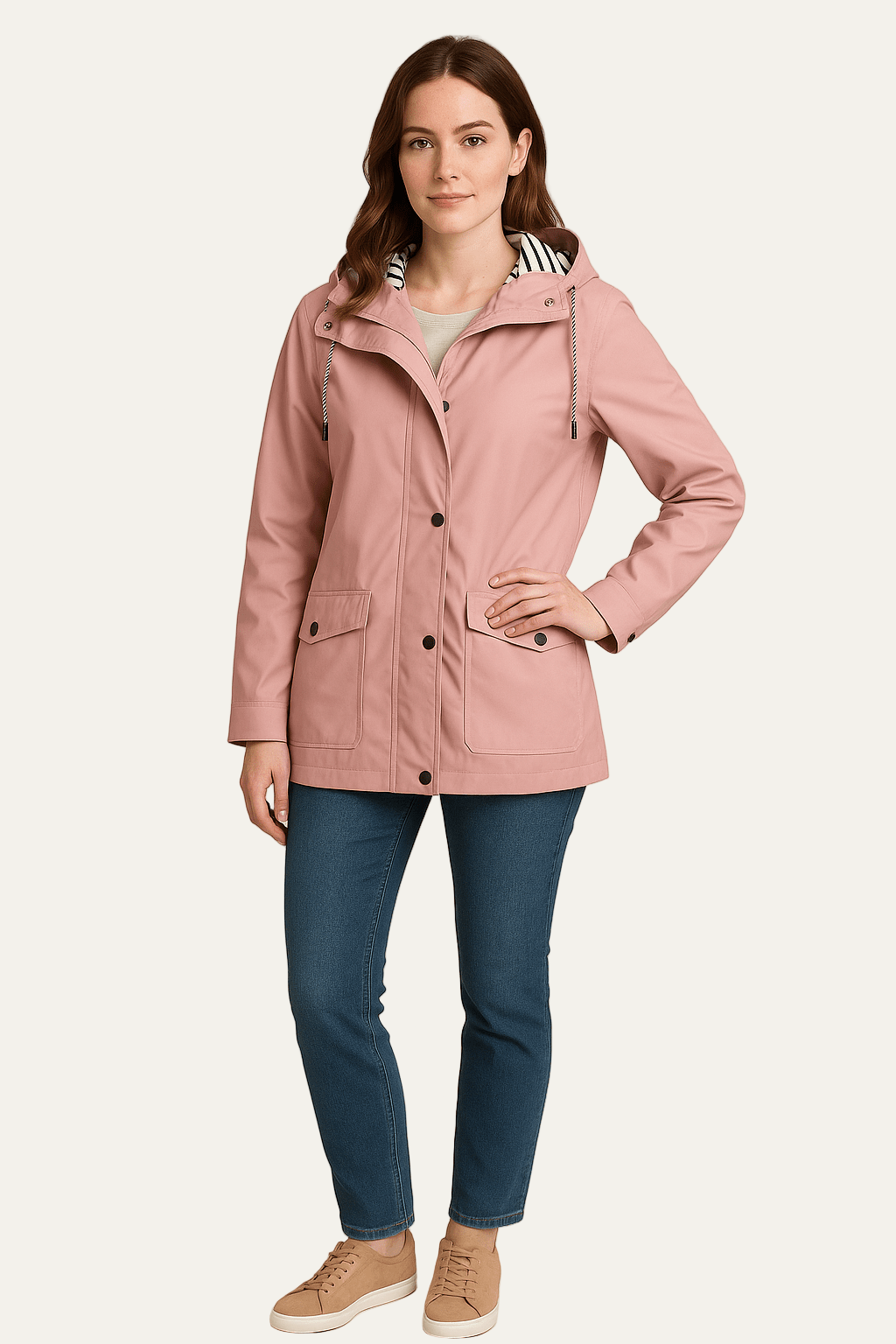Women’s Mid Length Raincoat with Detachable Hood
