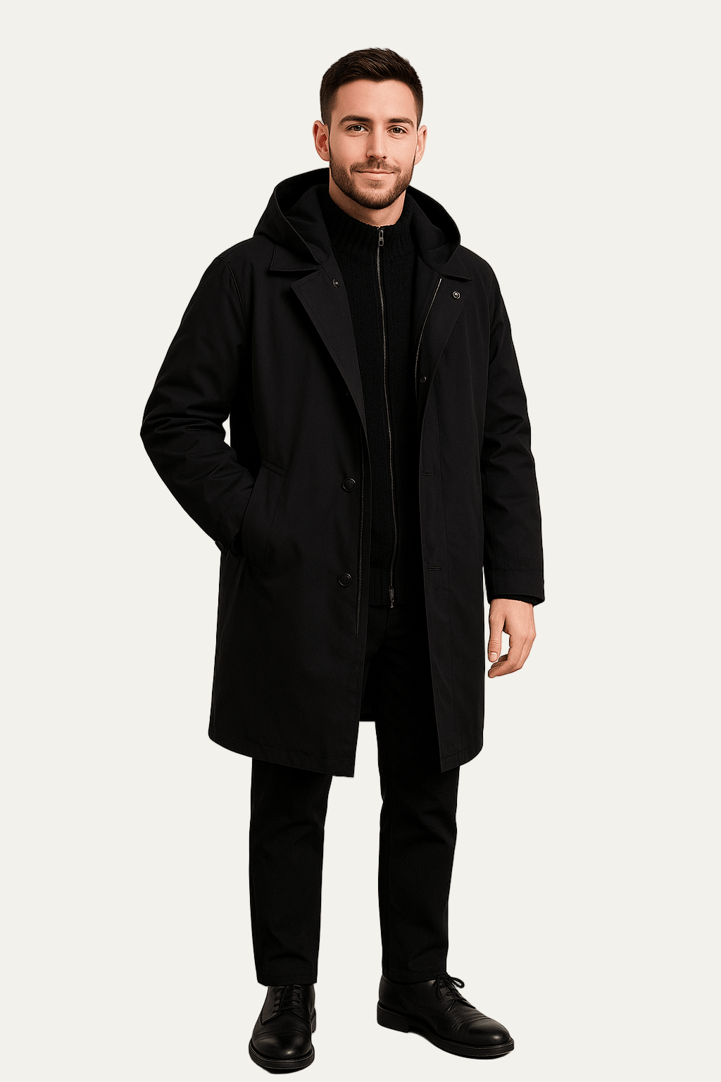 Men’s Knee Length Coat with Removable Hood