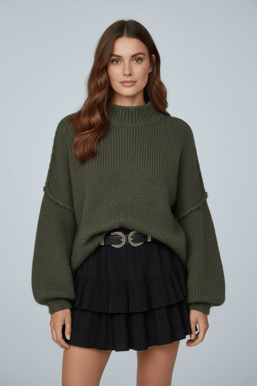Women's Cozy Loose Fit Sweater with Puffy Sleeves