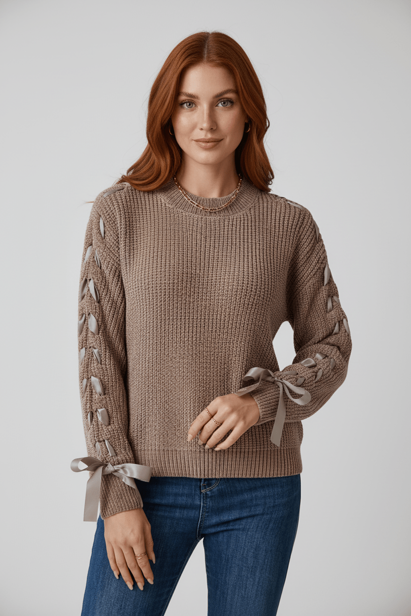 Women's Casual Fit Cable Knit Sweater with Tie Sleeves