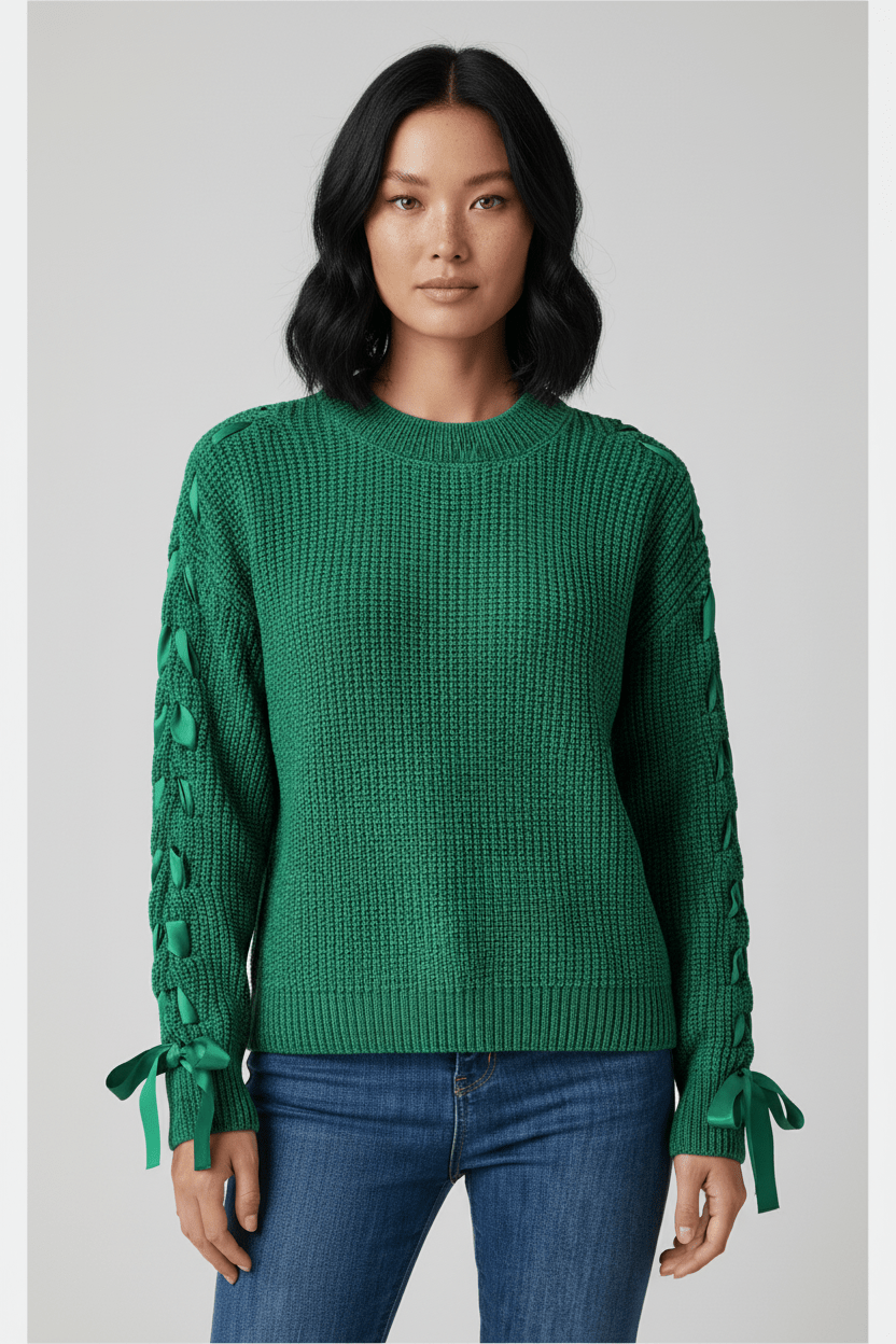 Women's Casual Fit Cable Knit Sweater with Tie Sleeves