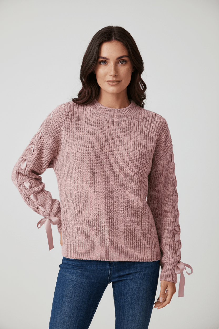 Women's Casual Fit Cable Knit Sweater with Tie Sleeves