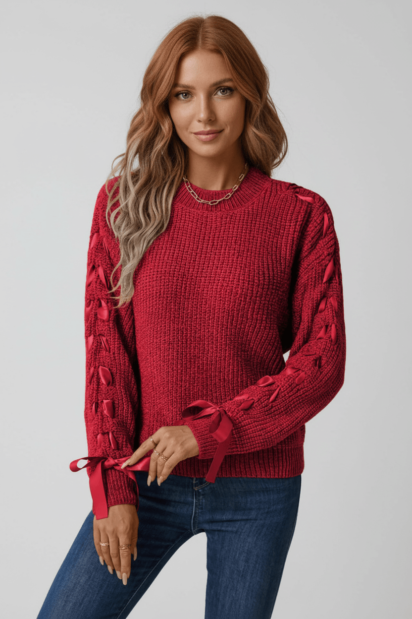 Women's Casual Fit Cable Knit Sweater with Tie Sleeves - BritishElegance