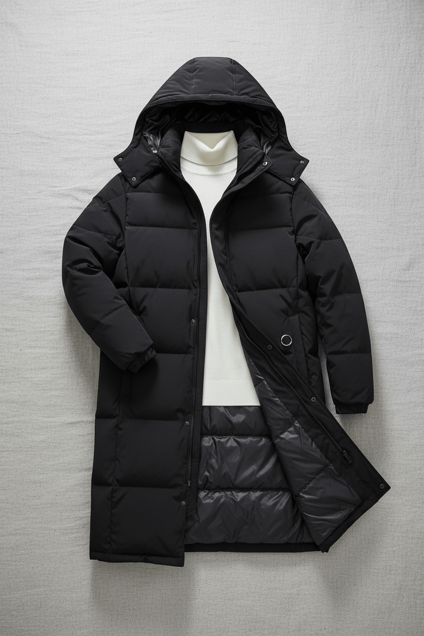 Long Quilted Puffer Coat Black