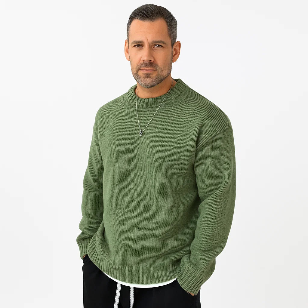 Men’s Oversized Heavy Rib Knit Crew Neck Sweater – British Elegance