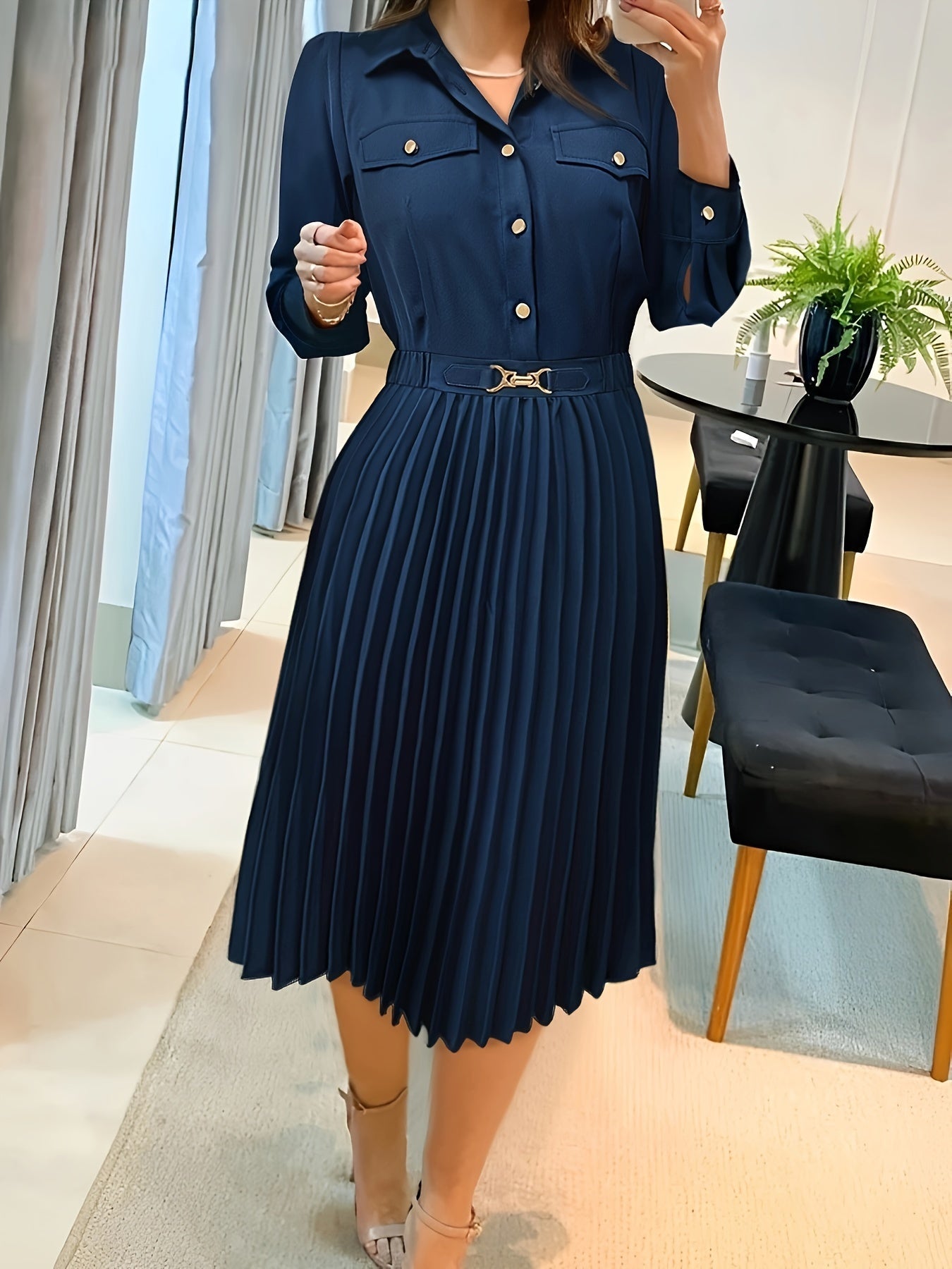 Elegant Long Sleeve Pleated Evening Dress for Women - BritishElegance