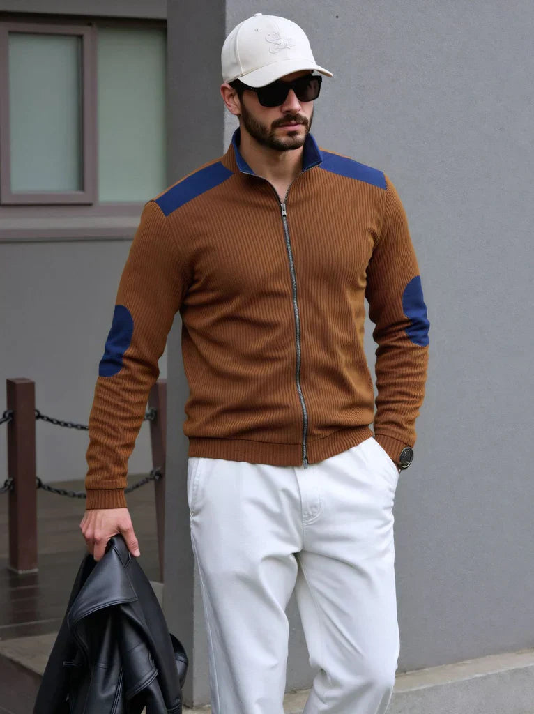Stylish Men's Zip Cardigan with Shoulder Patches