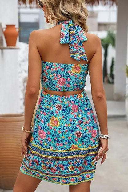 Bohemia Floral Print Halter Neck Mini Dress