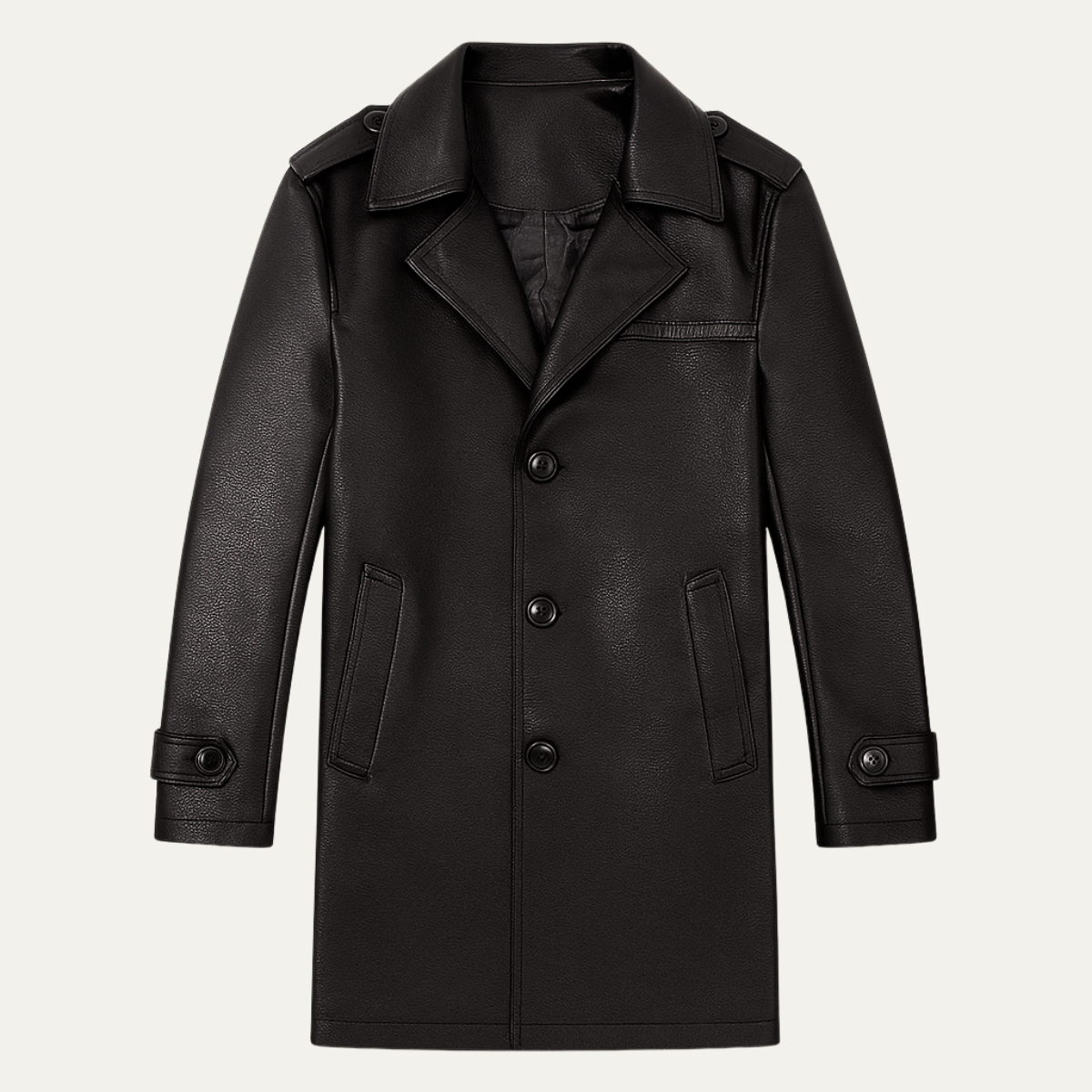 The Baveno Men's Black Smart Business Leather Trench Coat