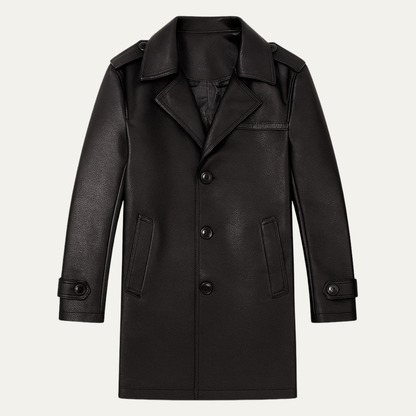 The Baveno Men's Black Smart Business Leather Trench Coat