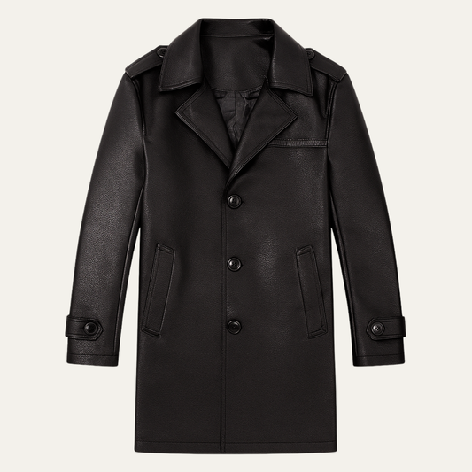 The Baveno Men's Black Smart Business Leather Trench Coat