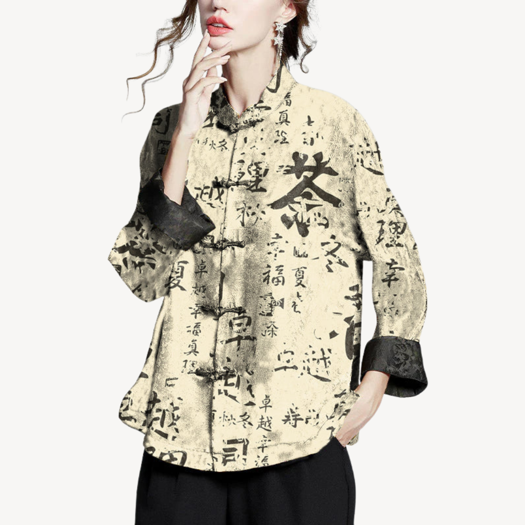 Vintage Chinese Calligraphy Cotton Linen Blouse Shirt Women
