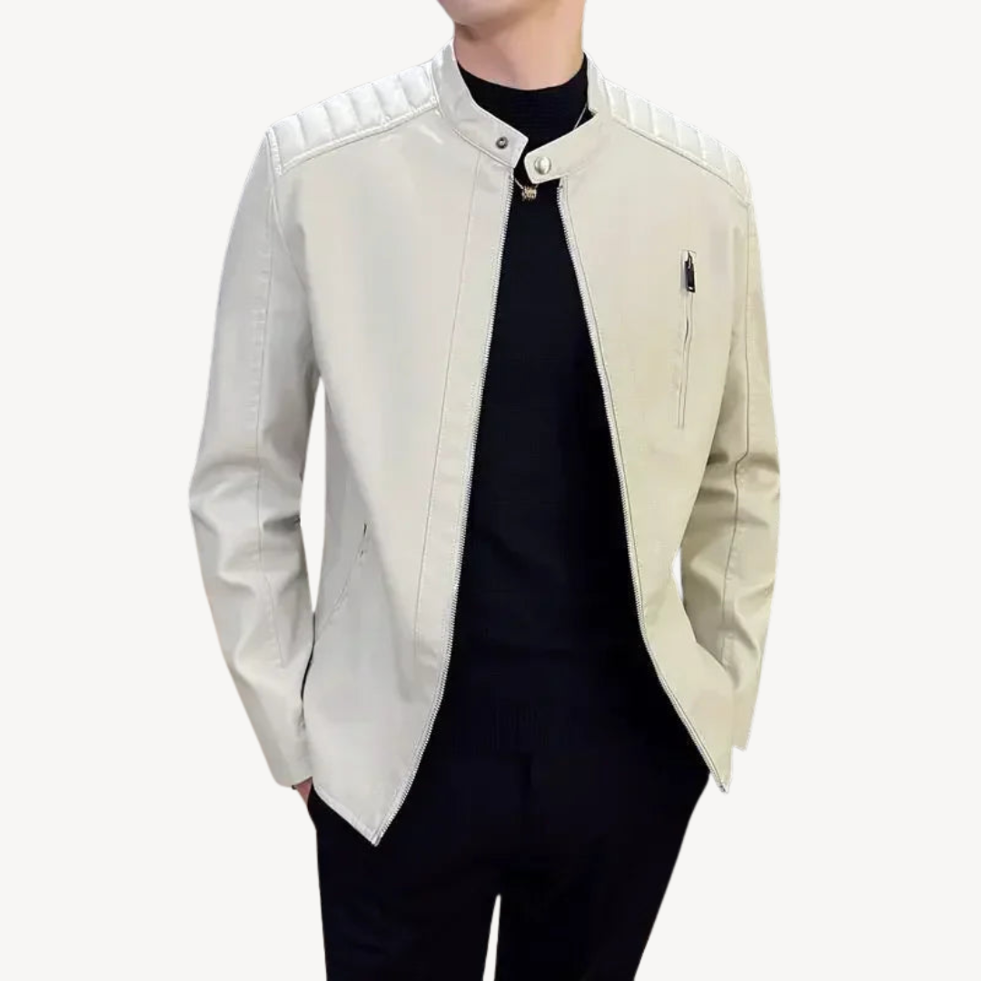 Men's Leather Biker Jacket Casual Zip-up