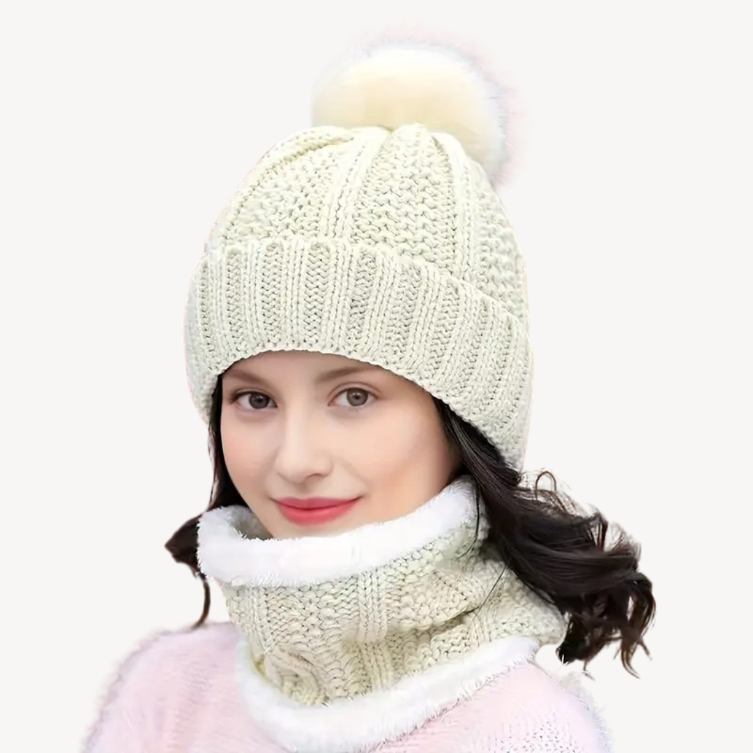 Knitted Pom Pom Beanie & Scarf Set for Women Soft Wool