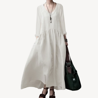 Linen Maxi Dress Women V-Neck Long Sleeve