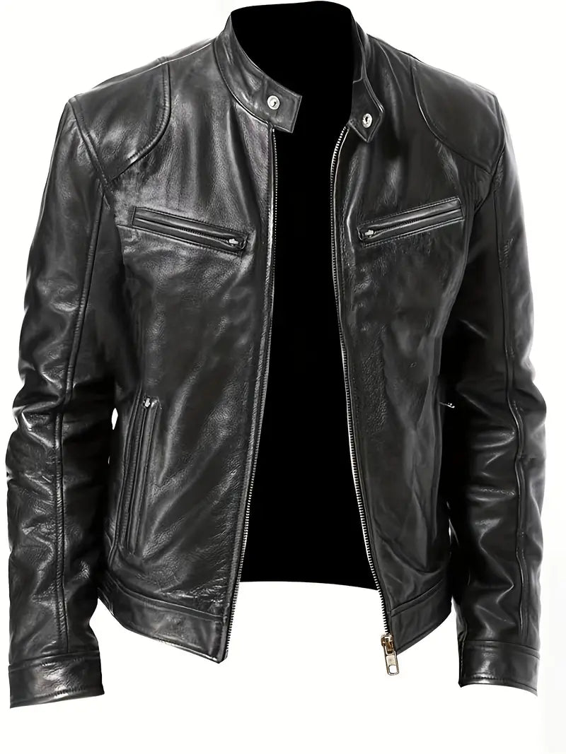 Men's Black Synthetic Biker Jacket - BritishElegance