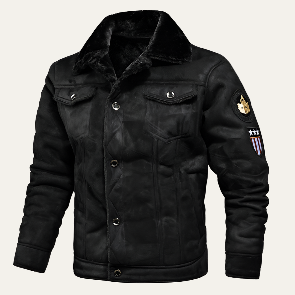 Men’s Shearling Lined Trucker Jacket with Patch Details