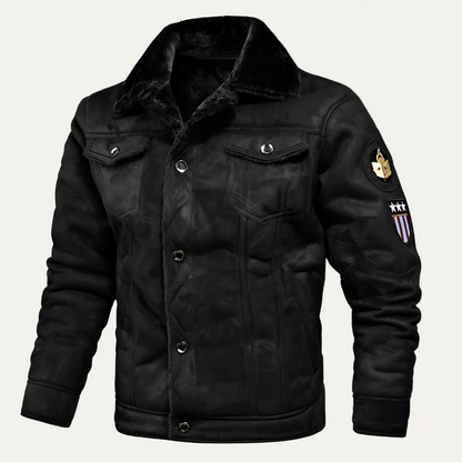 Men’s Shearling Lined Trucker Jacket with Patch Details