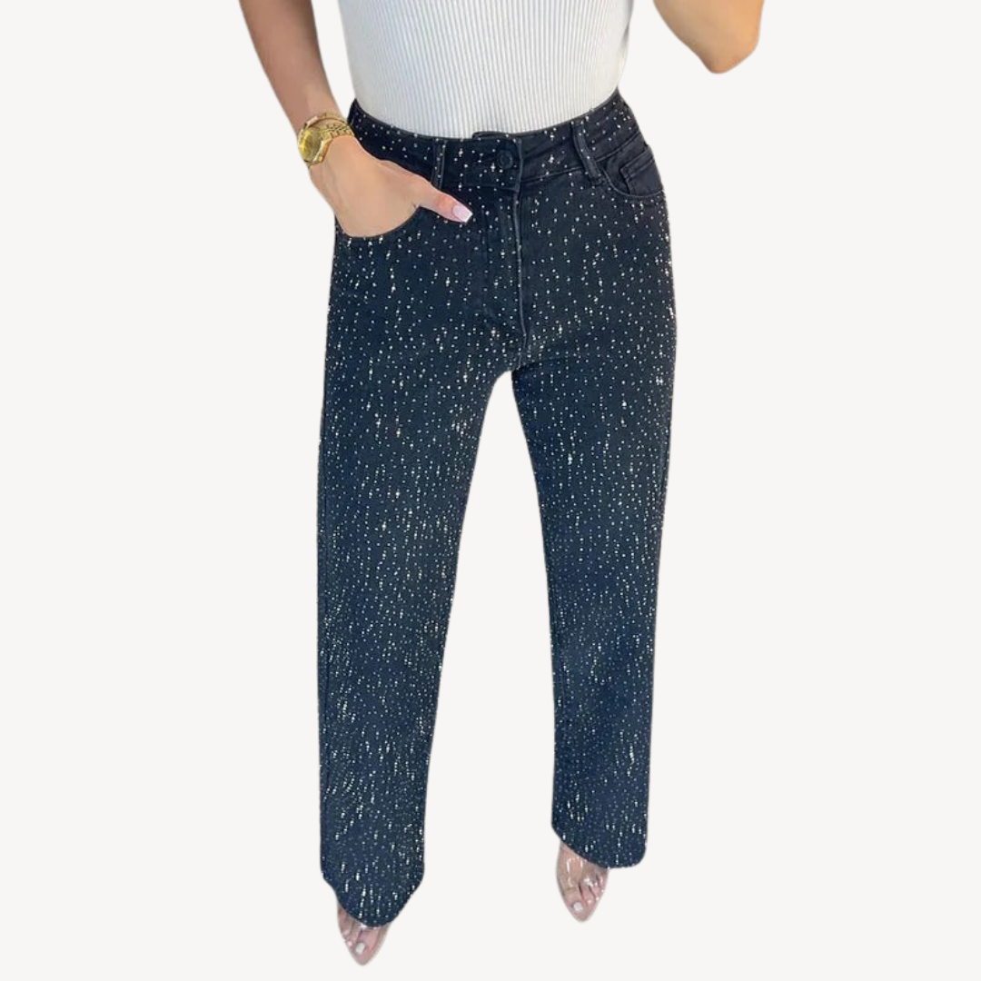Rhinestone Studded High-Waisted Jeans Product Description: