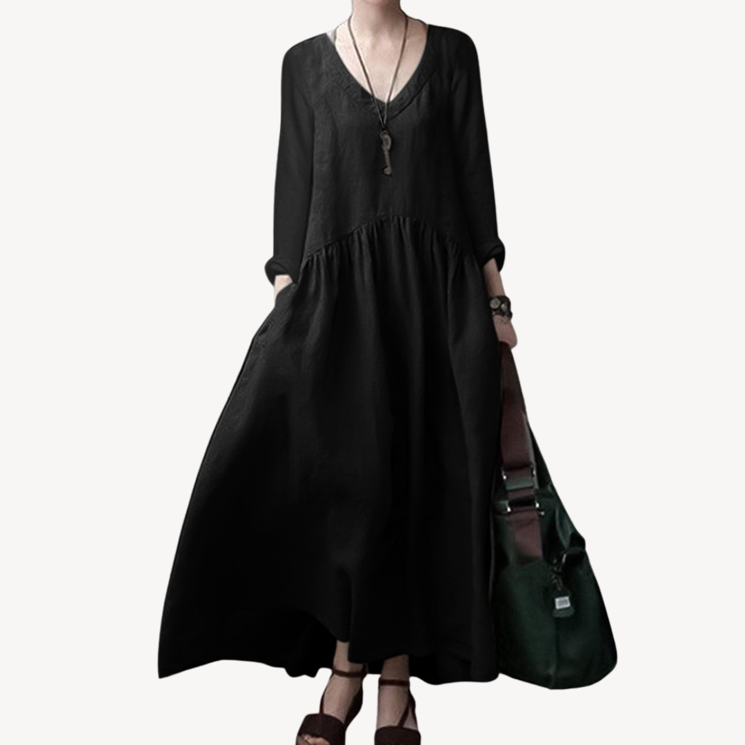 Linen Maxi Dress Women V-Neck Long Sleeve