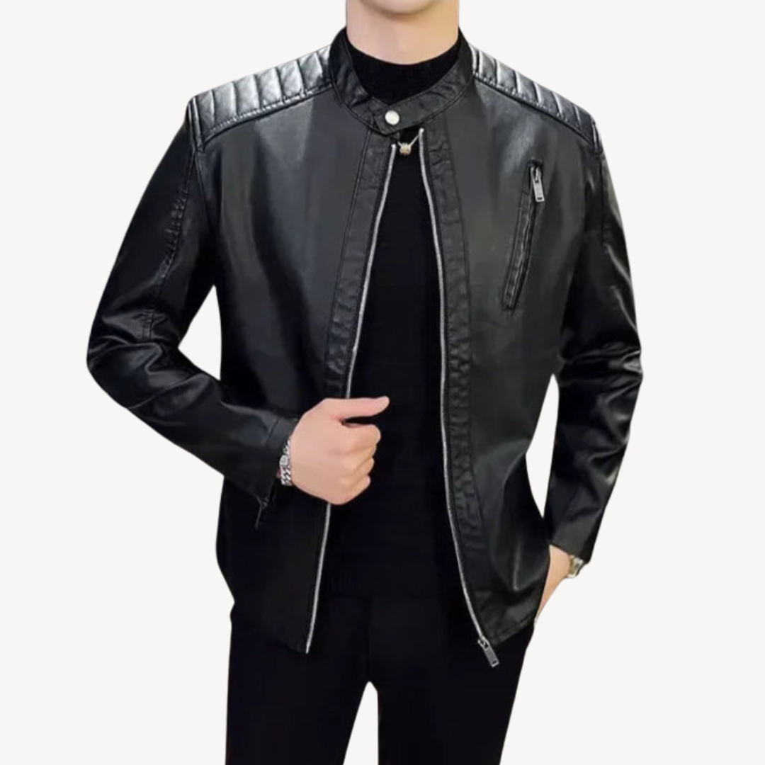 Men's Leather Biker Jacket Casual Zip-up