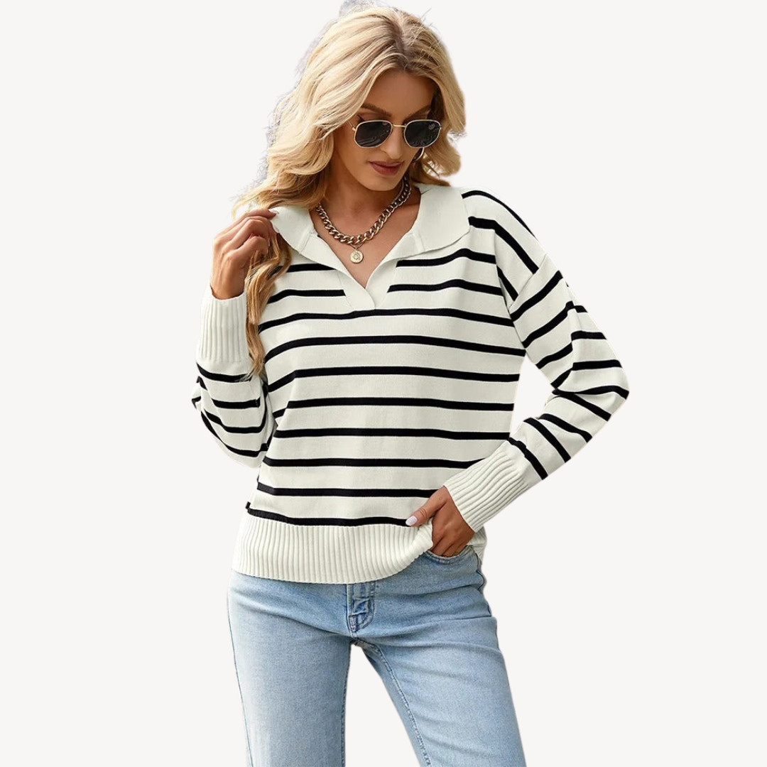 Striped Polo Knit Sweater for Women