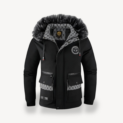 Men's Black & White Hooded Parka Jacket