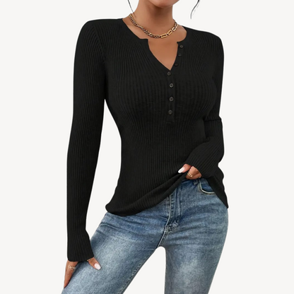 Ribbed Button Henley Top for Women