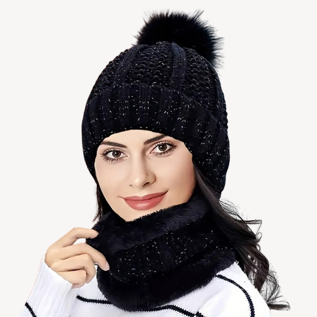 Knitted Pom Pom Beanie & Scarf Set for Women Soft Wool