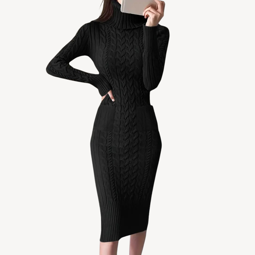 Knit Cable Turtleneck Sweater Dress