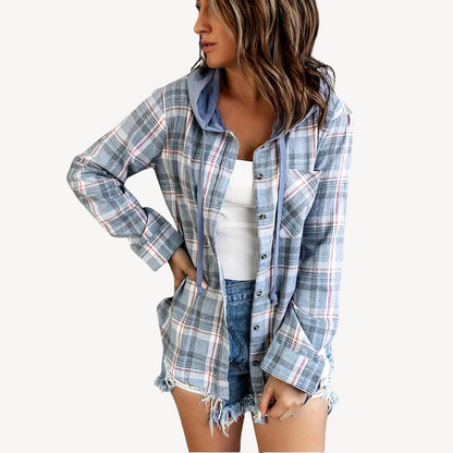 Women's Plaid Button-Down Shirt Jacket with Hood