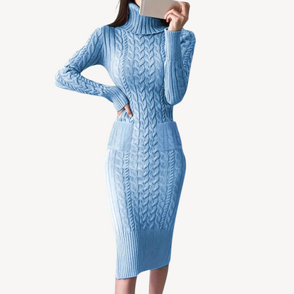 Knit Cable Turtleneck Sweater Dress