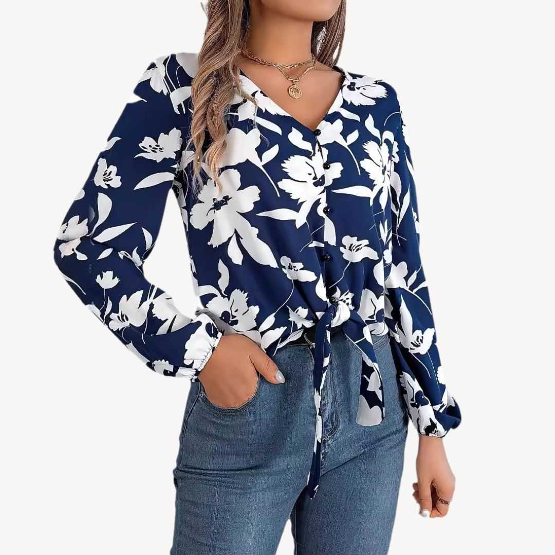 Floral V-Neck Blouse Long Sleeve
