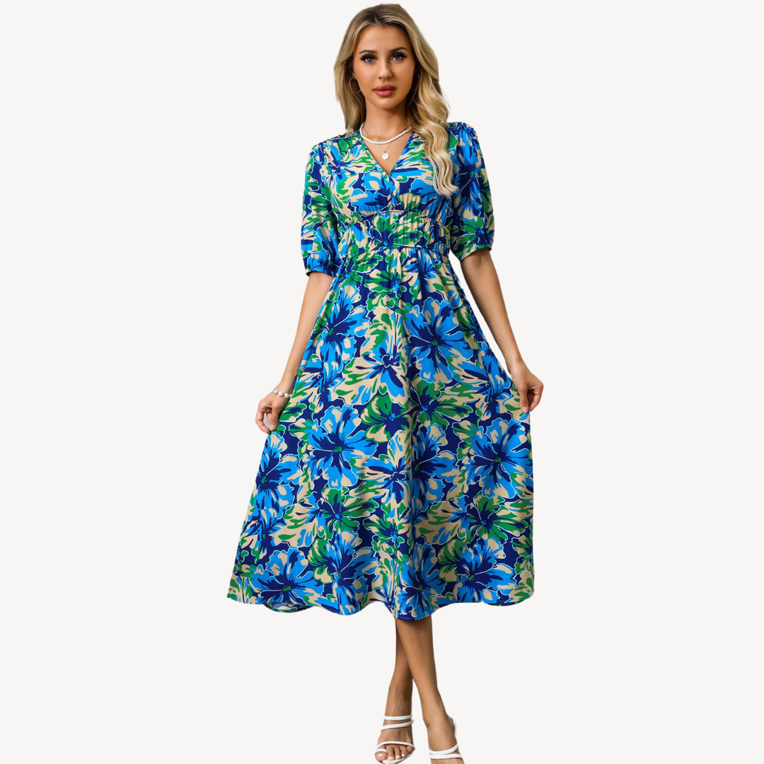 Floral Print V-Neck Midi Dress Women