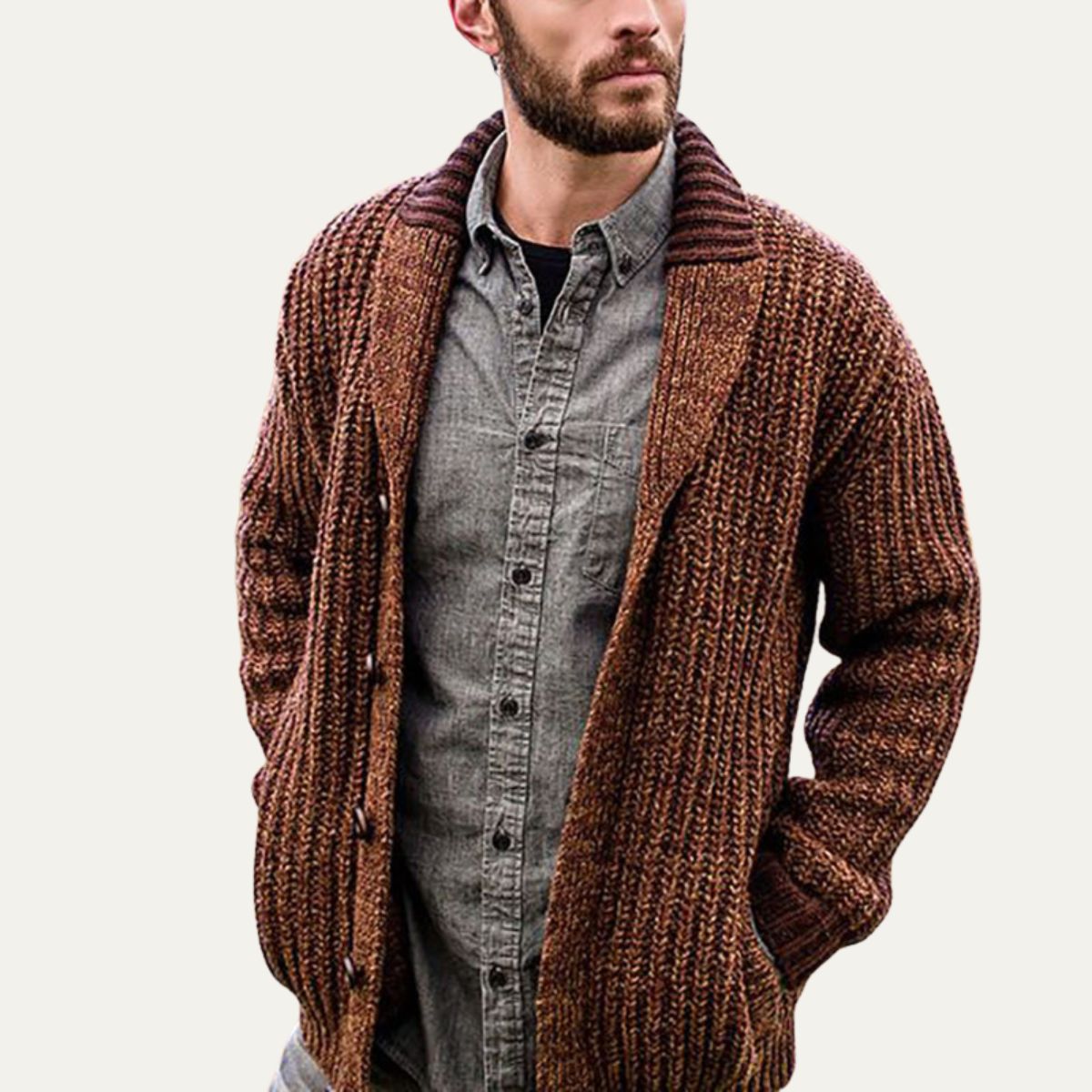 Men’s Chunky Ribbed Cardigan with Striped Shawl Collar